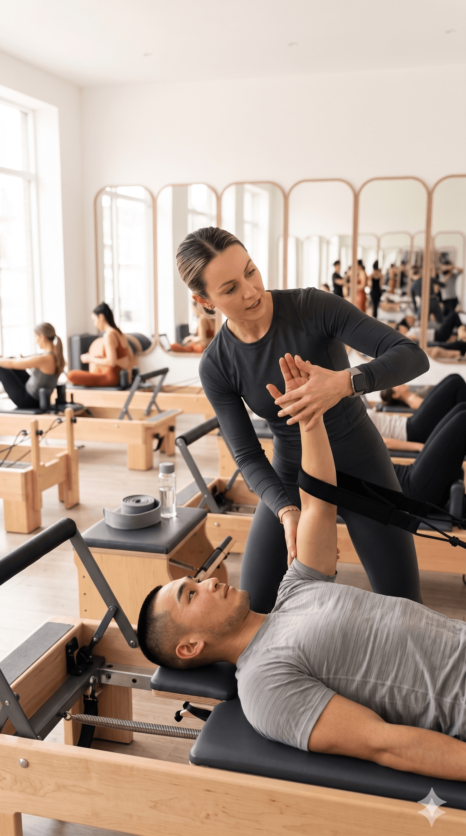 Instructor corrigiendo postura en Pilates