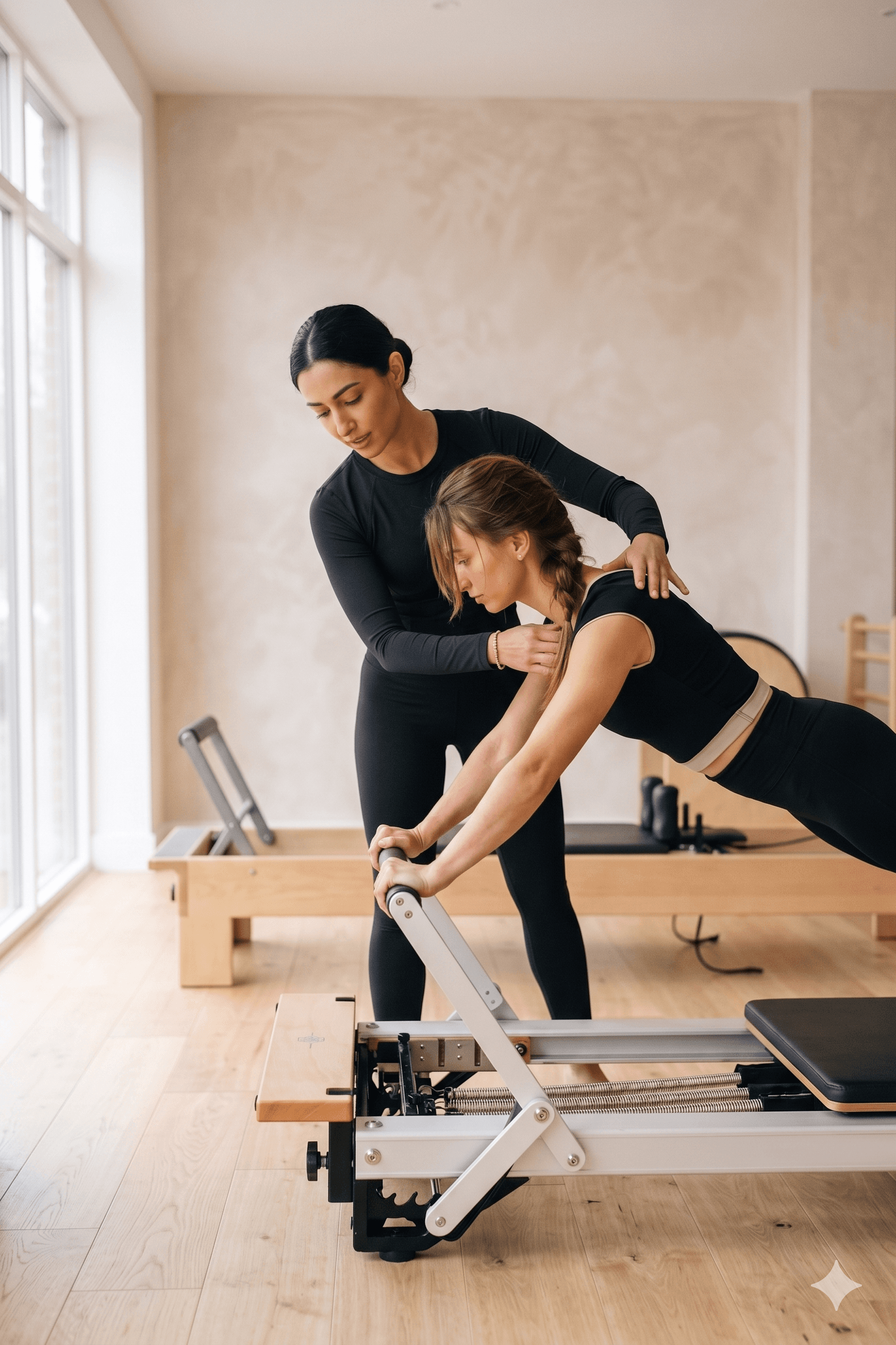 Instructor guiando a estudiante en Pilates Reformer